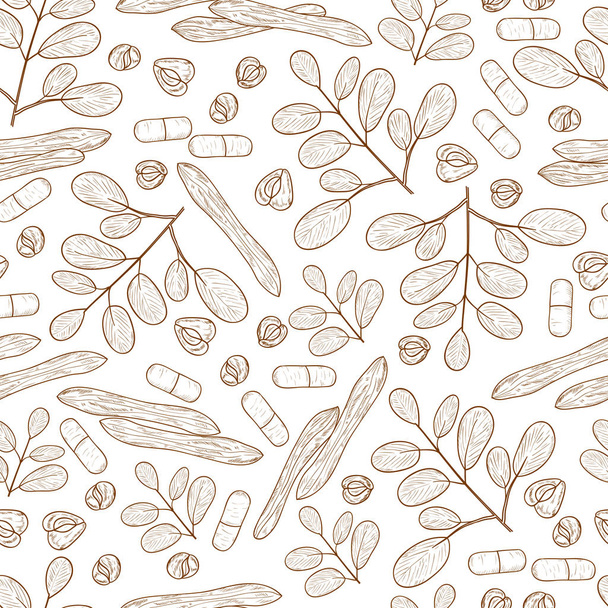 moringa. Pflanze. Samen, Kapsel. Hintergrund, Tapete, nahtlos. Skizze. monochrom - Vektor, Bild