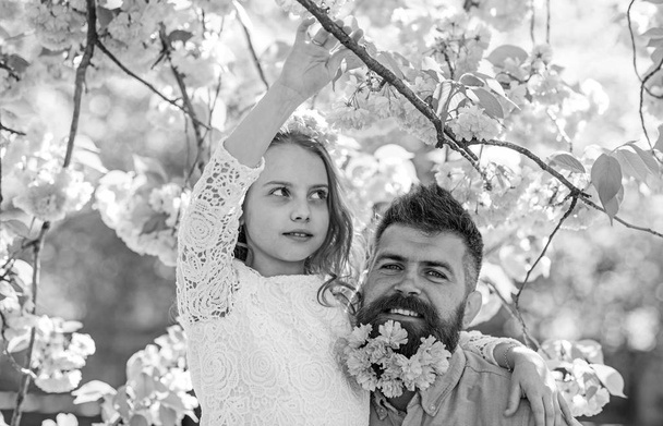 Girlish leisure concept. Father and daughter on happy faces hugs, sakura background. Child and man with tender pink flowers in beard, wreath on head. Girl with dad near sakura flowers on spring day - Photo, Image