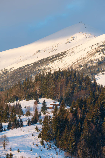 Sunrise morning winter snow covered scenery picturesque alp mountain ridge (Ukraine, Carpathian Mountains, Chornohora Range, tranquility peaceful Dzembronya village outskirts). - Fotó, kép