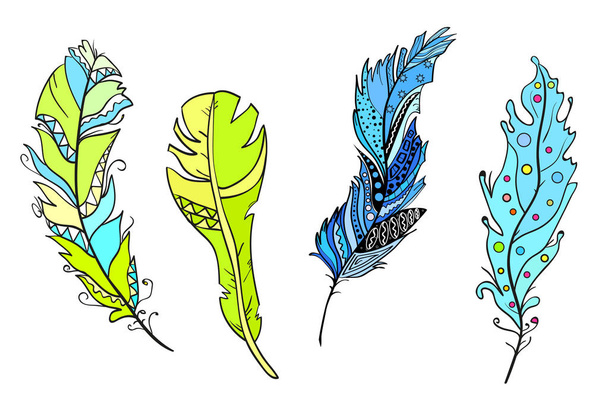 Feathers on isolated white. Design Zentangle. Hand drawn colored feathers with abstract patterns on isolation background. Design for spiritual relaxation for adults - Vector, Image