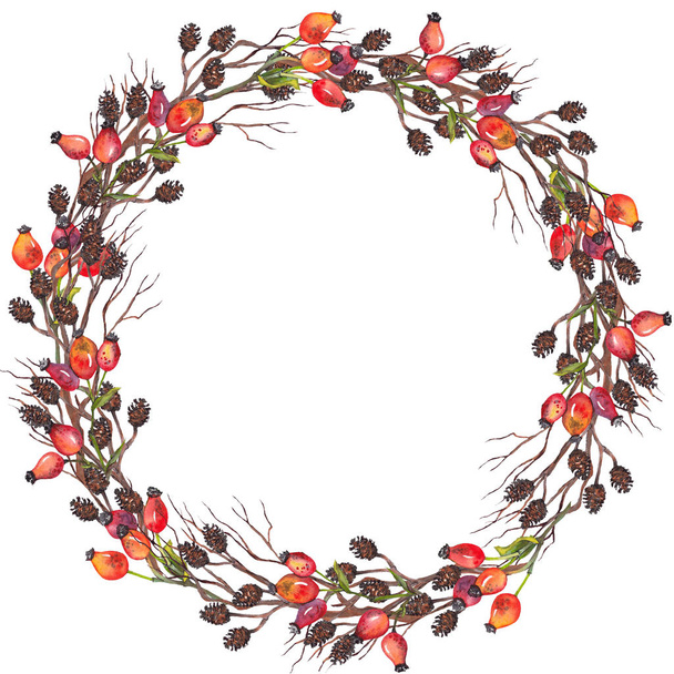 Watercolor wreath with red rosehips, dry twigs and cones. Illustration on white background. - Photo, image