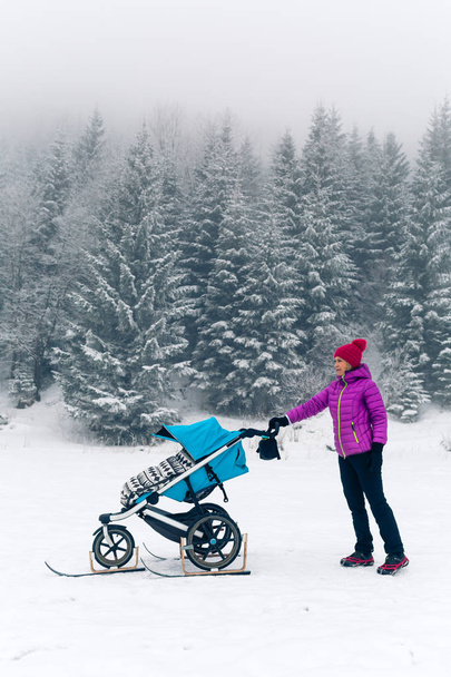 Mother with baby stroller enjoying motherhood in winter forest, mountains landscape. Jogging or power walking woman with sledge pram in woods. Beautiful winter snowy inspirational mountains. - Photo, Image