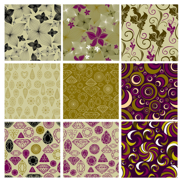 Vector set of retro style seamless floral patterns with leafs. Autumn background - Vector, Image
