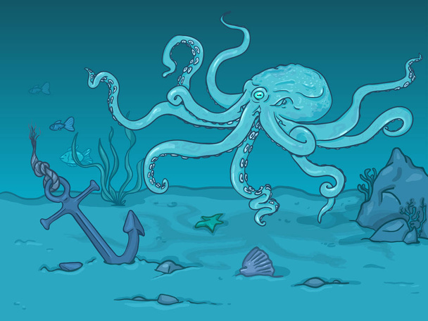 Vektor Cartoon Illustration - türkisfarbener Oktopus im tiefblauen Ozean - Vektor, Bild