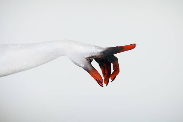 Creepy Halloween monster witch hand with white, red and black make up and long creepy fingernails in front of white background  - 写真・画像