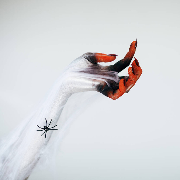 Creepy Halloween monster witch hand with white, red and black make up and long creepy fingernails and spider with spiderweb in front of white background  - Photo, image