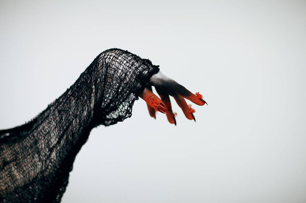 Creepy Halloween monster witch hand with white, red and black make up and long creepy fingernails in front of white background - Photo, image