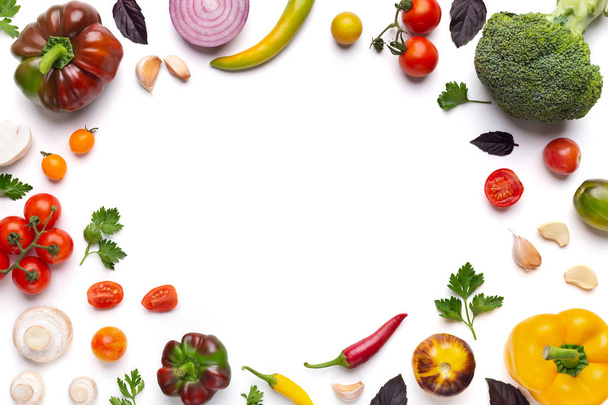 Organic assorted vegetables frame on white background - Photo, Image