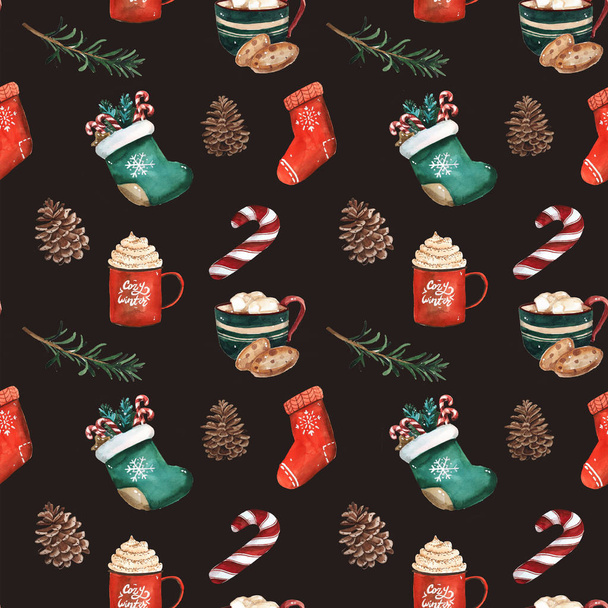 Noel çorap, gingerbread çerezleri, Noel ağacı dalları, kırmızı meyveler, tarçın, şeker kamışı, turuncu Seamless modeli - Fotoğraf, Görsel