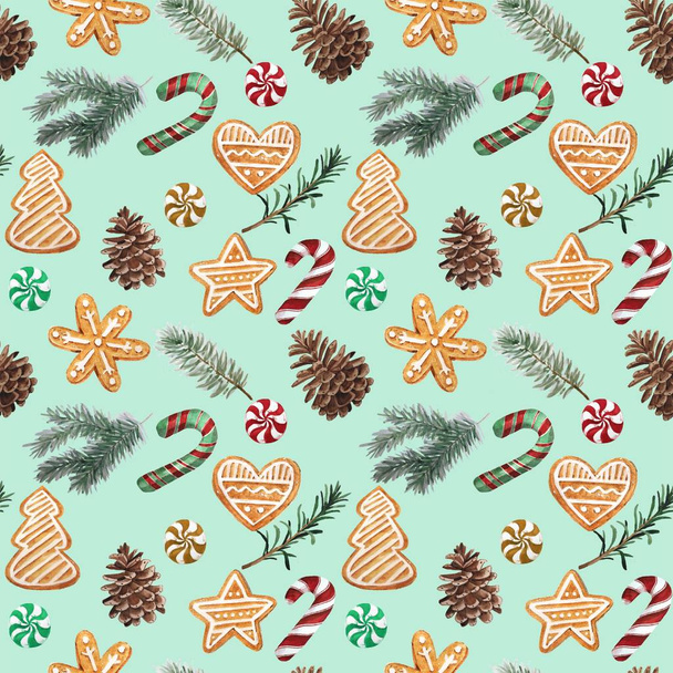 Рождественское пряничное печенье, ветки елки, леденцовая трость. Бесшовный рисунок
 - Фото, изображение