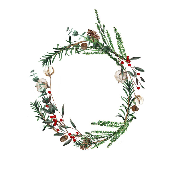 Kranz mit Tannenzweigen und roten Beeren, Baumwolle und Tannenzapfen. runder Rahmen für Weihnachtskarten und winterliche Designillustration. - Foto, Bild