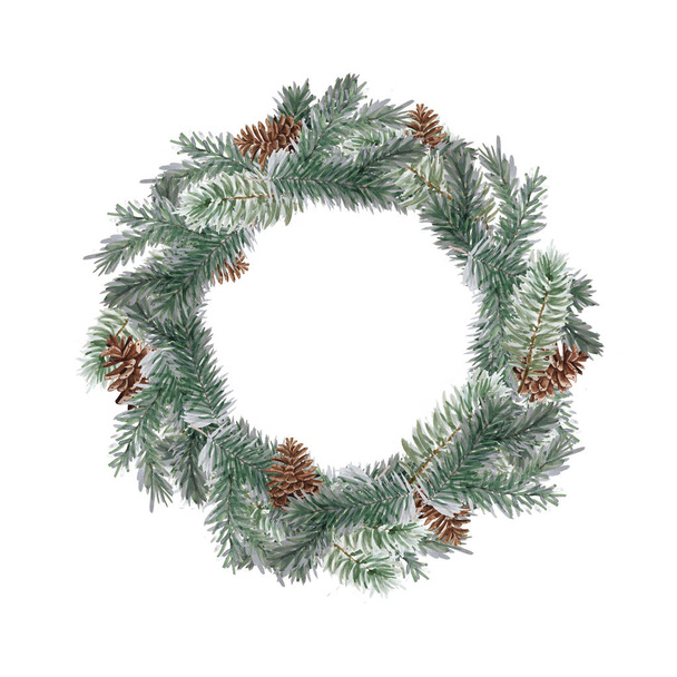 Wreath with pine branches and red berries, cotton and pine cones. Round frame for Christmas cards and winter design illustration. - Photo, Image