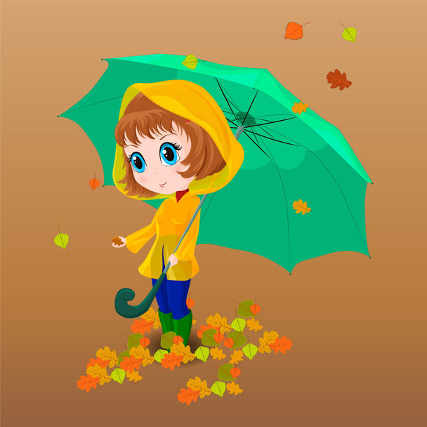 Chica con un gran paraguas, en un impermeable y botas de goma para un paseo bajo las hojas de otoño
. - Vector, Imagen