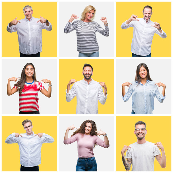 Collage einer Gruppe junger und älterer Menschen auf gelbem, isoliertem Hintergrund, die selbstbewusst lächelnd mit den Fingern zeigt, stolz und glücklich. - Foto, Bild
