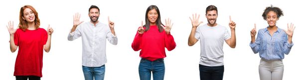 Collage chinesischer, indischer, hispanischer Menschen über isoliertem Hintergrund, die mit Fingern Nummer sechs nach oben zeigen und dabei selbstbewusst und glücklich lächeln. - Foto, Bild