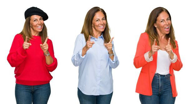 Collage van mooie middelbare leeftijd vrouw over witte geïsoleerde achtergrond wijzen vingers naar camera met gelukkig en grappig gezicht. Goede energie en vibrafoon. - Foto, afbeelding