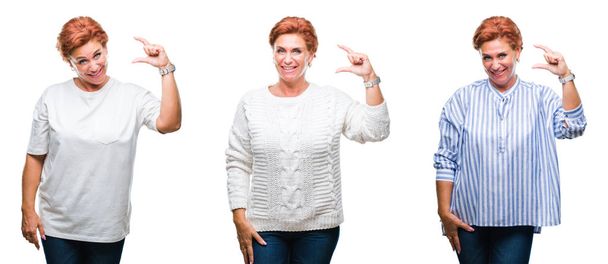 Collage de mujer mayor de mediana edad sobre fondo blanco aislado sonriente y seguro gesto con la mano haciendo signo de tamaño con los dedos mientras mira y la cámara. Concepto de medición
. - Foto, imagen