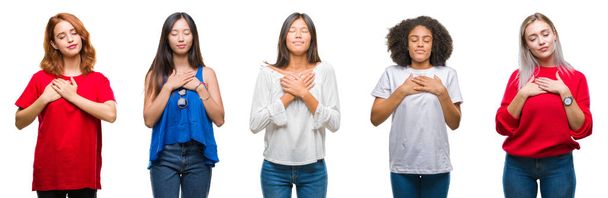 Collage van groep prachtige Chinese, Aziatische, Afrikaanse Amerikaanse, blanke vrouwen over geïsoleerde achtergrond glimlachend met handen op borst met gesloten ogen en dankbaar gebaar op gezicht. Begrip gezondheid. - Foto, afbeelding