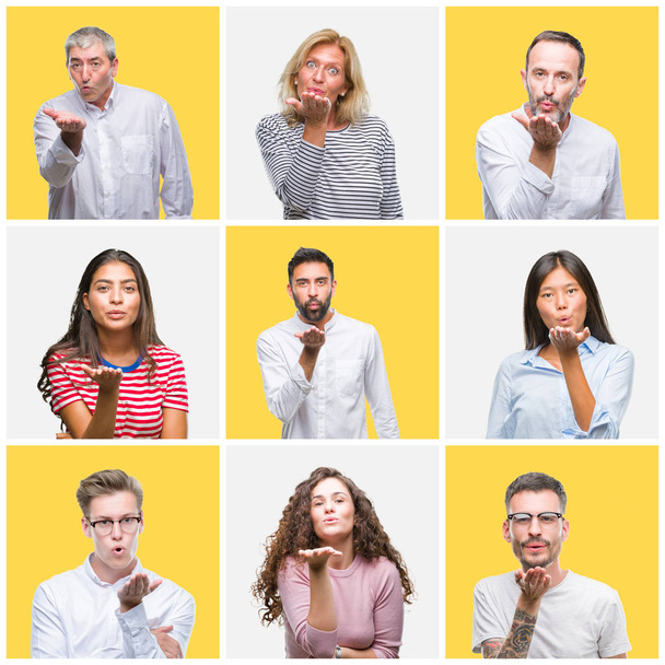 Collage of group of young and senior people over yellow isolated background looking at the camera blowing a kiss with hand on air being lovely and sexy. Love expression. - Photo, Image