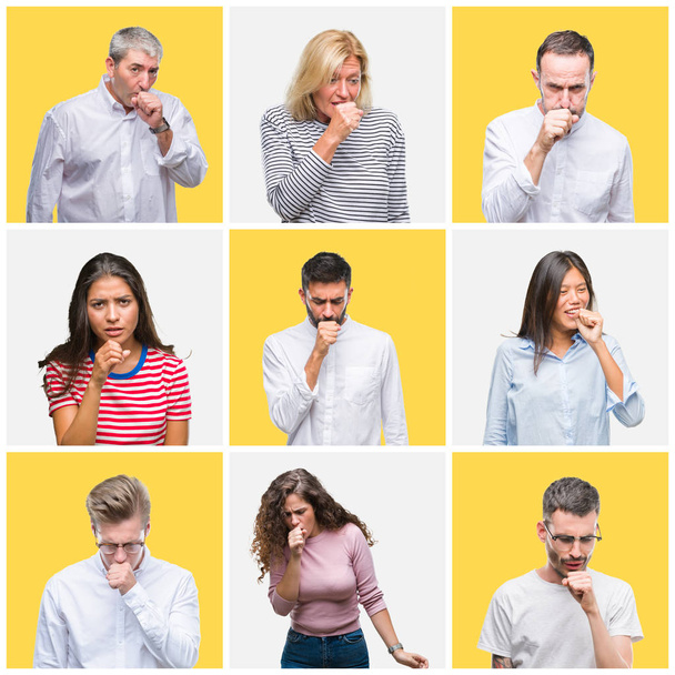 Collage van groep jonge en senior mensen over gele geïsoleerde achtergrond gevoel onwel en hoesten als symptoom voor koude of bronchitis. Gezondheidszorg concept. - Foto, afbeelding