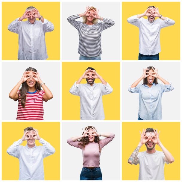 Collage de un grupo de jóvenes y personas mayores sobre un fondo amarillo aislado haciendo un buen gesto como binoculares sacando la lengua, ojos mirando a través de los dedos. Expresión loca
. - Foto, imagen