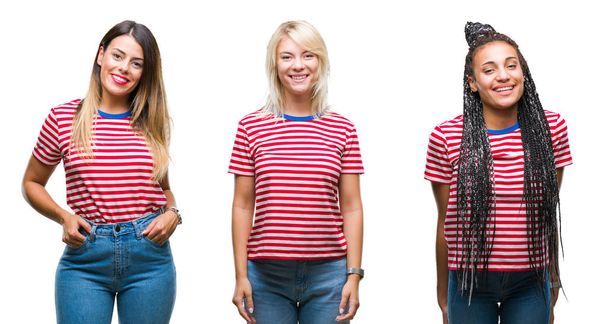Collage junger Frauen in gestreiftem T-Shirt vor isoliertem Hintergrund mit einem fröhlichen und kühlen Lächeln im Gesicht. Glück gehabt. - Foto, Bild