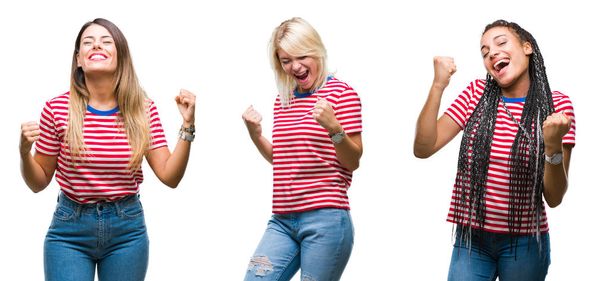 Colagem de mulheres jovens vestindo listras camiseta sobre fundo isolado muito feliz e animado fazendo gesto vencedor com os braços levantados, sorrindo e gritando para o sucesso. Conceito de celebração
. - Foto, Imagem