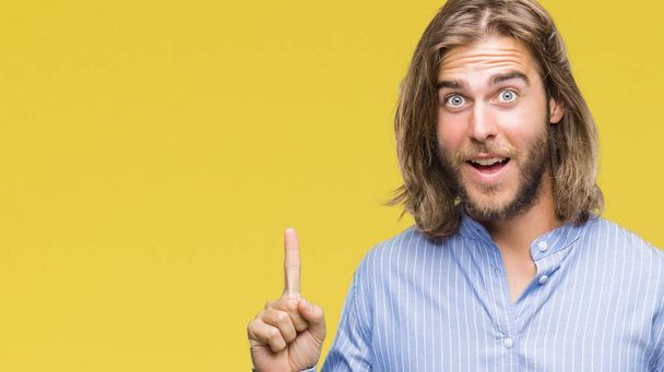 Young handsome man with long hair over isolated background pointing finger up with successful idea. Exited and happy. Number one. - Photo, image