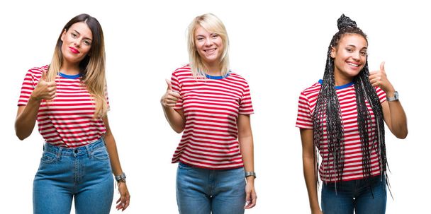 Collage of young women wearing stripes t-shirt over isolated background doing happy thumbs up gesture with hand. Approving expression looking at the camera showing success. - Fotó, kép
