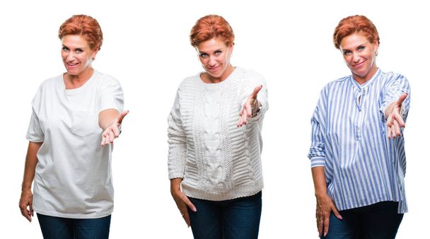 Collage de mujer mayor de mediana edad sobre fondo blanco aislado sonriendo amistoso ofreciendo apretón de manos como saludo y bienvenida. Negocios exitosos
. - Foto, Imagen