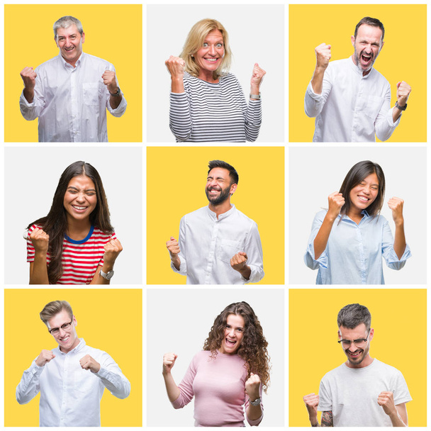Collage einer Gruppe junger und älterer Menschen auf gelbem isolierten Hintergrund, sehr glücklich und aufgeregt dabei Siegergeste mit erhobenen Armen, lächelnd und schreiend nach Erfolg. Festkonzept. - Foto, Bild