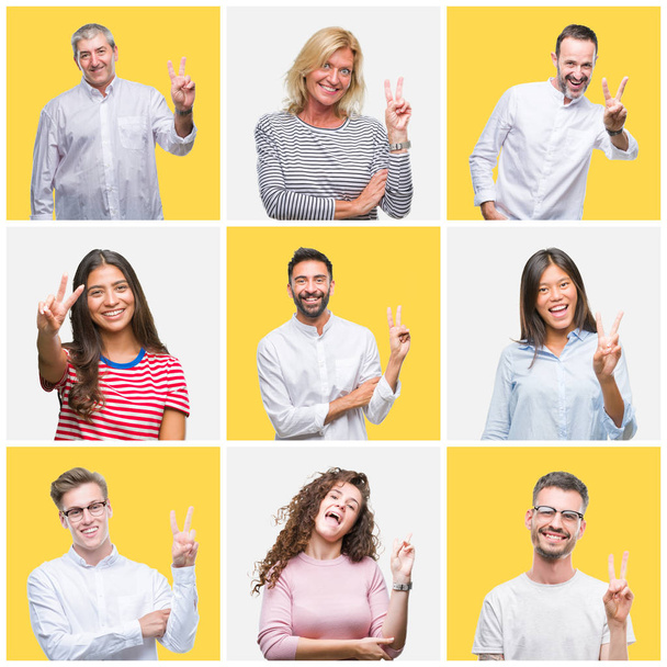 Collage einer Gruppe junger und älterer Menschen auf gelbem, isoliertem Hintergrund, die lächelnd mit glücklichem Gesicht in die Kamera zwinkert und ein Siegeszeichen macht. Nummer zwei. - Foto, Bild