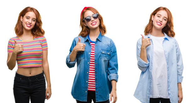 Collage of young beautiful redhead woman over isolated background doing happy thumbs up gesture with hand. Approving expression looking at the camera with showing success. - Photo, Image