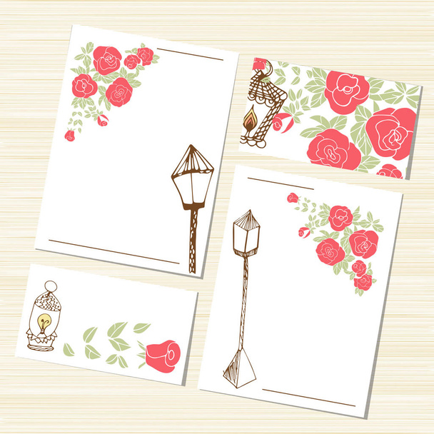 Conjunto romântico. Modelo. Flores, rosas e fonar.Mozhet usado como um cartão de saudação, convite, saudações. Esboço
. - Vetor, Imagem