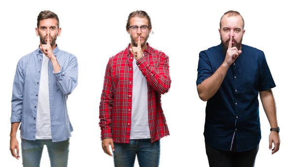 Collage de groupe de jeunes hommes sur fond blanc isolé demandant de se taire avec le doigt sur les lèvres. Silence et concept secret
. - Photo, image