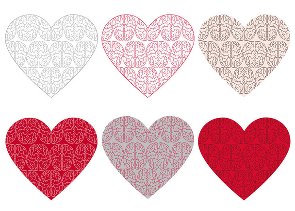 Silhouette of the heart with seamless   pattern of the brain inside, in different colors. Postcard, background for a page, a site about love and mind, feelings.   - Vector, Image