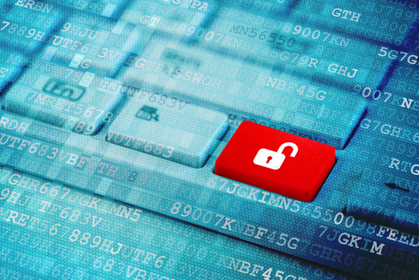 Rode toets met het symbool van het pictogram van het open hangslot op blauwe digitale laptop toetsenbord. - Foto, afbeelding
