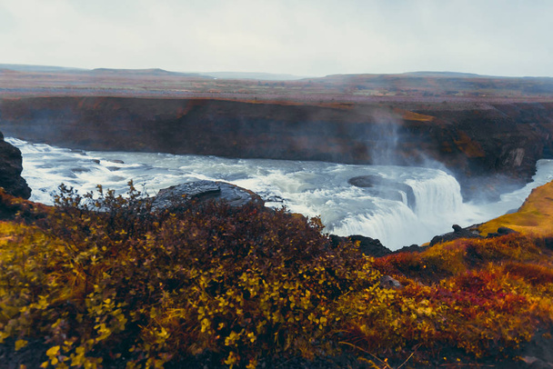 Majestic waterfall Gullfoss  in Iceland in autumn in cloudy weather - Foto, Imagem