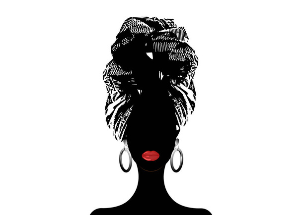 Afrikkalainen huivi, muotokuva Afro nainen raidallinen turbaani. Tribal Wrap muoti, Ankara, Kente, kitenge, Afrikkalainen naisten leningit. Nigerian tyyliin, Ghanan headwrap. Vektori Tulosta, juliste, t-paita, kortti
 - Vektori, kuva
