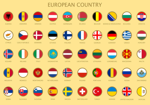 Tüm resmi ülke bayrakları resmi ile Avrupa ülkelerinin yuvarlak düğmelerle alfabetik olarak renkler. Renkli simgeler. Vektör çizim. - Vektör, Görsel