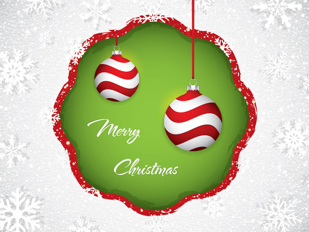 Πράσινο χριστουγεννιάτικο σχέδιο με κόκκινες μπάλες σε χιονισμένο φόντο, εικονογράφηση διάνυσμα - Διάνυσμα, εικόνα