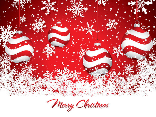 Red Christmas design met rode ballen op besneeuwde achtergrond, vectorillustratie - Vector, afbeelding