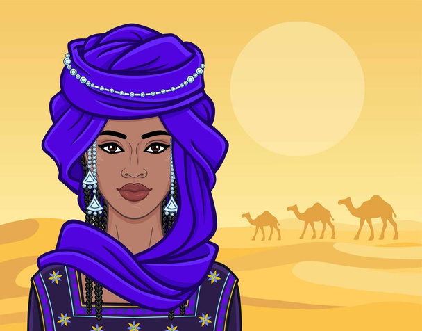 Animation portrait of the beautiful African woman in a turban and ancient clothes. Background - landscape the desert, trade caravan of camels. Place for the text. Color drawing. Vector illustration. - Vector, Image