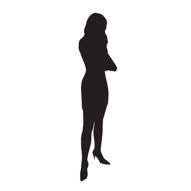 Business woman standing with folded arms. Slim elegant lady, isolated vector silhouette - Vector, Image