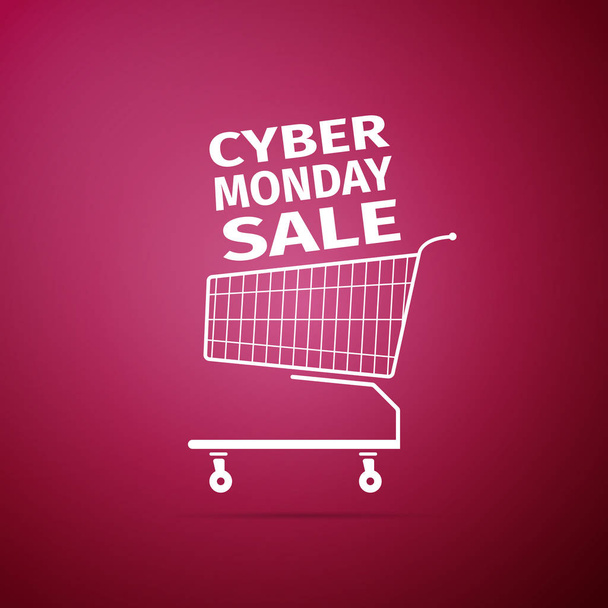 Cyber Pazartesi Satılık. Alışveriş sepeti simgesi üzerinde mor arka plan izole. Düz tasarım. Vektör çizim - Vektör, Görsel