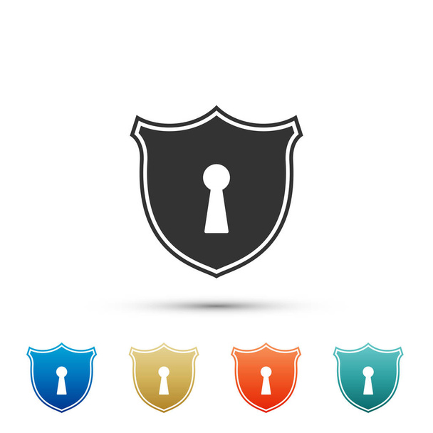 Shield with keyhole icon isolated on white background. Protection and security concept. Safety badge icon. Privacy banner. Defense tag. Set elements in colored icons. Flat design. Vector Illustration - Vector, Image