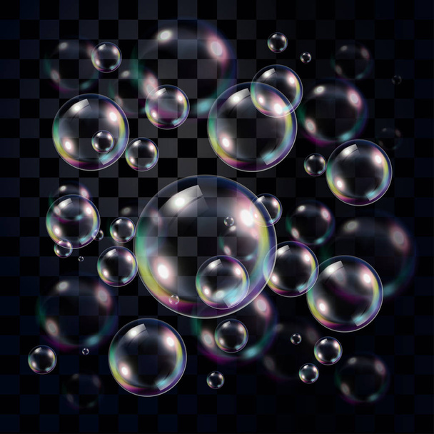 Прозрачные и разноцветные мыльные пузыри на темном фоне, редактируемый вектор для использования на собственном фоне
 - Вектор,изображение