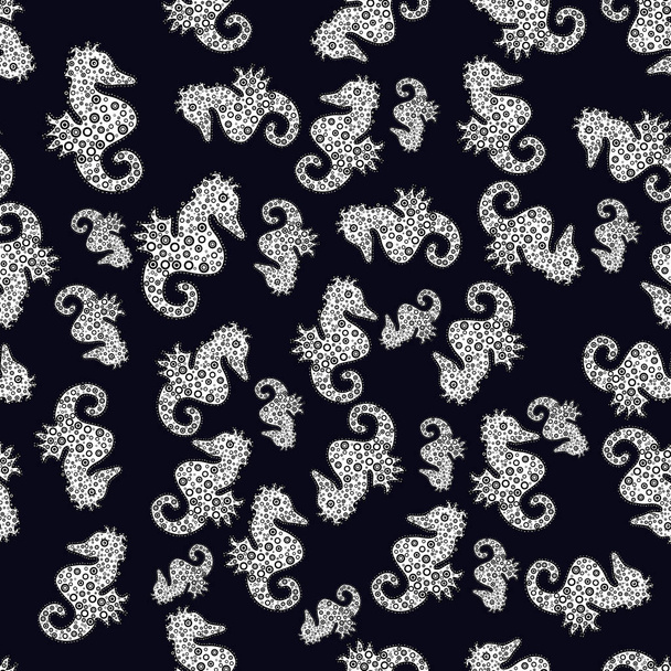 Arte vetorial. Scribble, sketch, doodle. Tigertail Seahorse recorte. Cavalo marinho sobre fundo preto, branco e cinza. Padrão sem costura. Perfeito para texturas de superfície, papéis de parede, fundos da página web, têxtil
 - Vetor, Imagem
