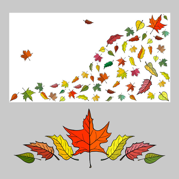 Template with falling leaves for seasonal design. Autumn template with bright colored leaves for your design, greeting card, festive announcements, posters. - ベクター画像