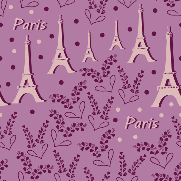 Eiffeltoren en lavendel bloemen-liefde in Parise naadloze herhalen patroon achtergrond in roze en paarse kleuren. Delicate patroon achtergrond. Oppervlak van patroon ontwerp, Perfect voor stof, Scrapbook, wallpapers. - Vector, afbeelding